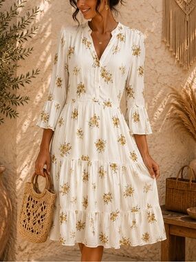 Laurel Grey Floral Tiered Babydoll  Yellow Floral Dress medium